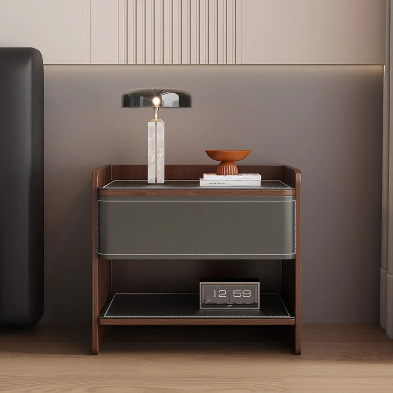 Art Deco Wood Faux Leather Open Shelf Nightstand with Drawer Image - 4 | homeyfad