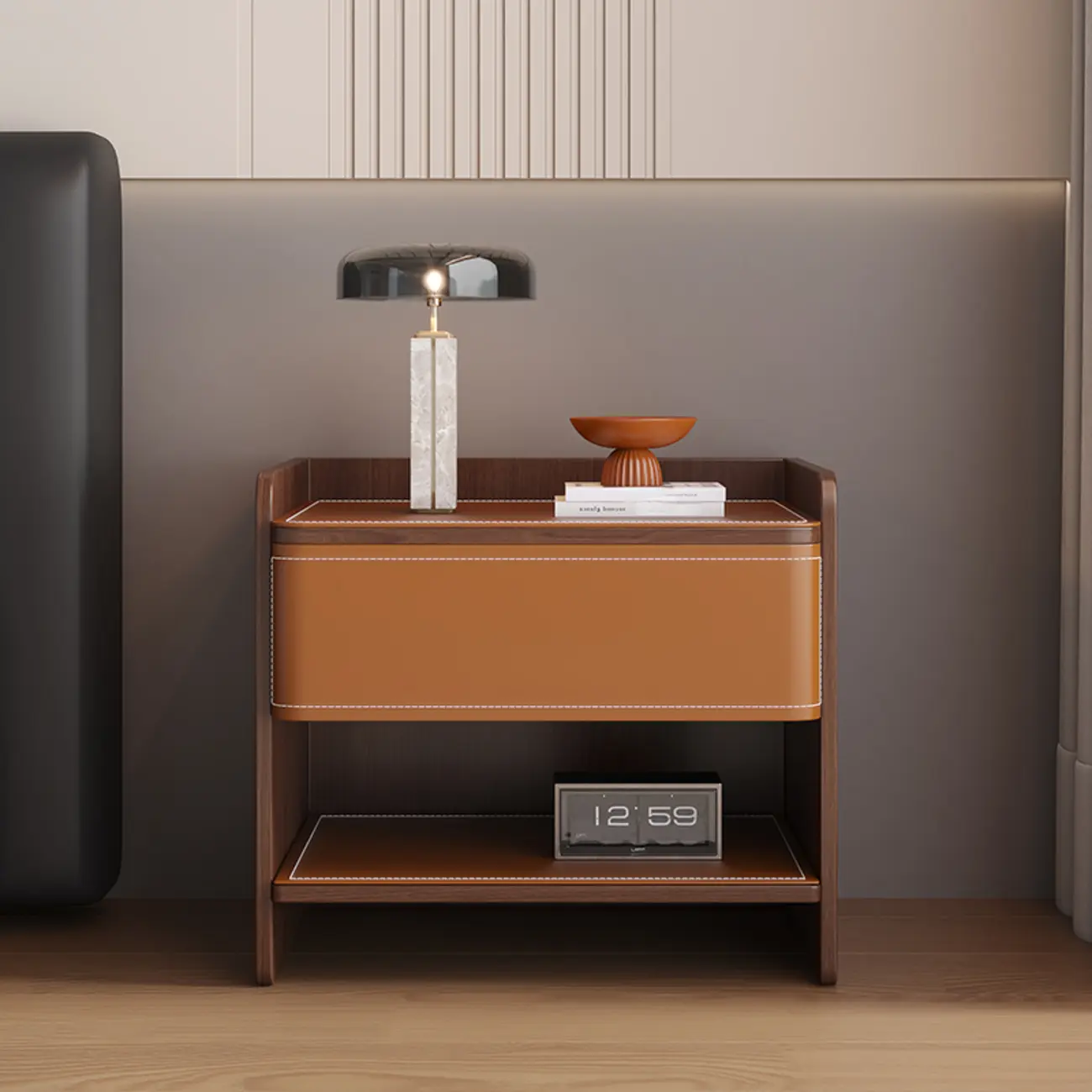 Art Deco Wood Faux Leather Open Shelf Nightstand with Drawer Image - 6 | homeyfad