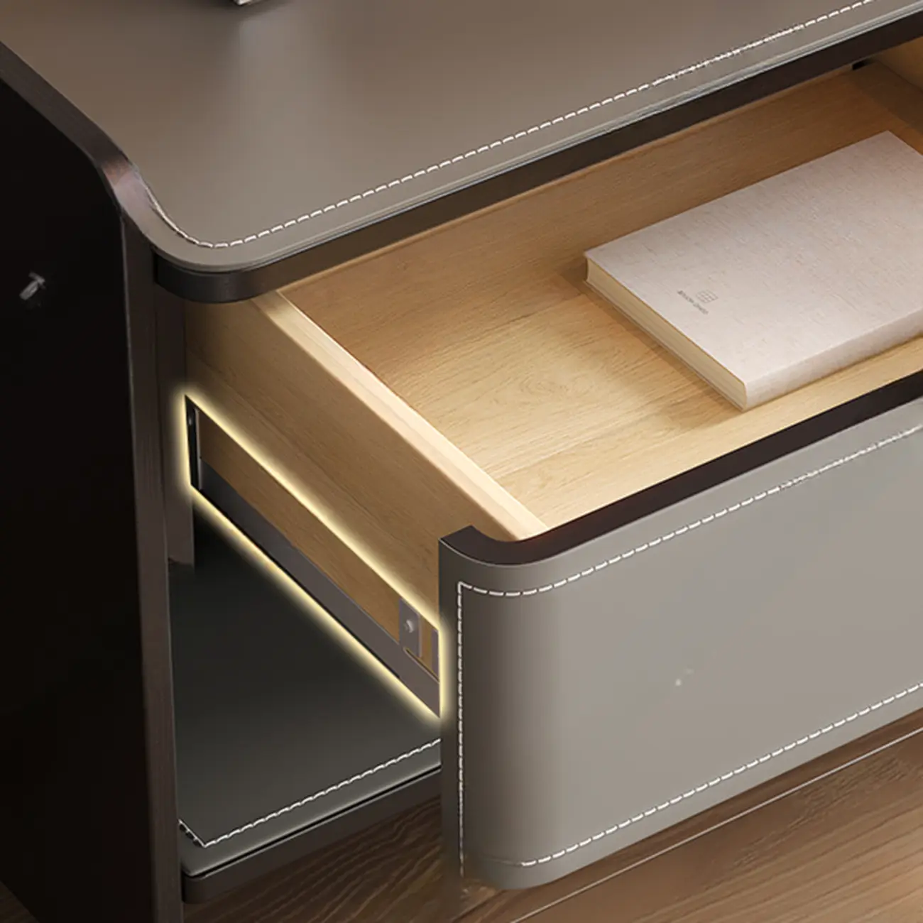 Art Deco Wood Faux Leather Open Shelf Nightstand with Drawer Image - 7 | homeyfad