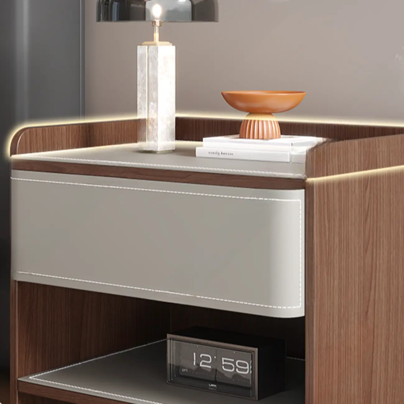 Art Deco Wood Faux Leather Open Shelf Nightstand with Drawer Image - 8 | homeyfad