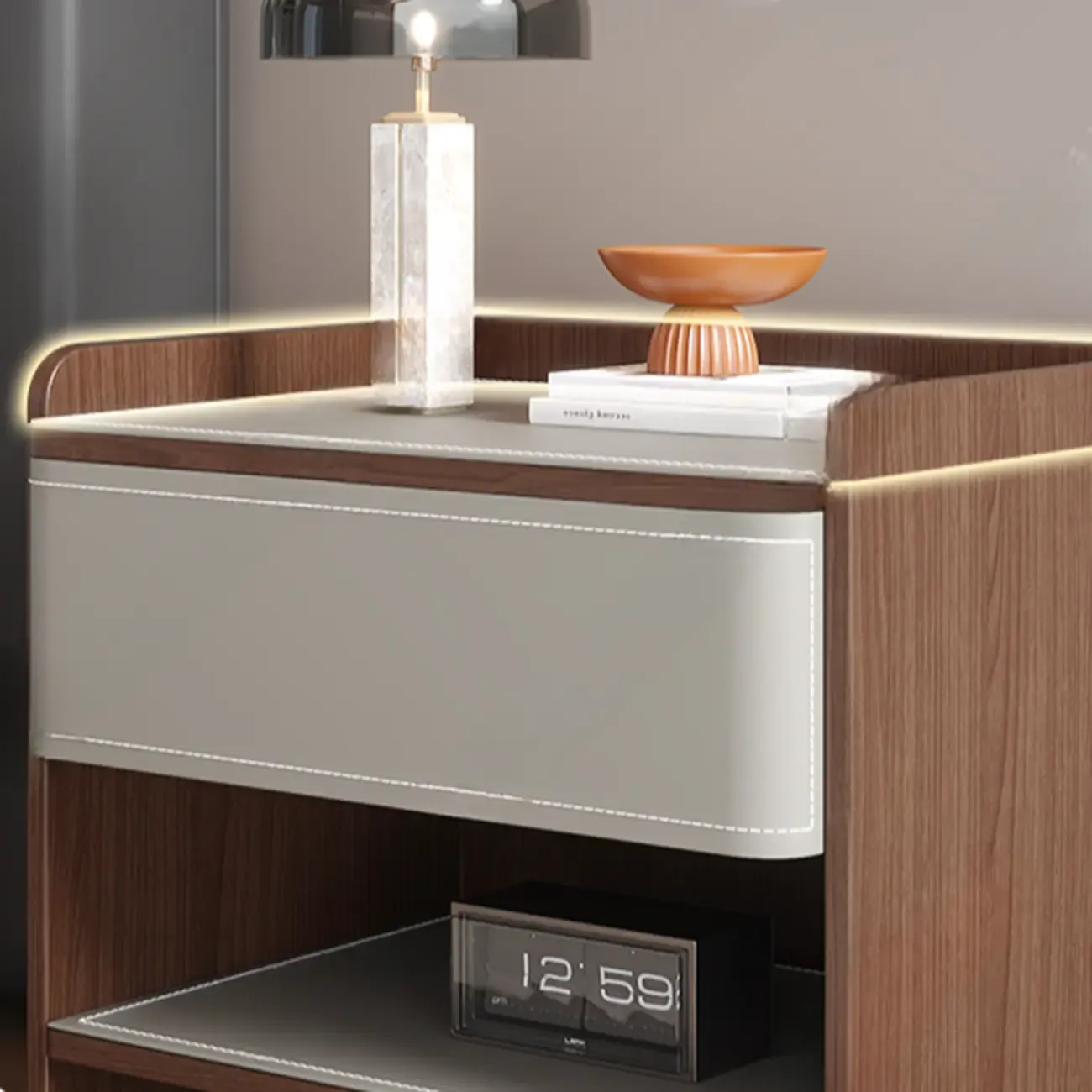 Art Deco Wood Faux Leather Open Shelf Nightstand with Drawer Image - 8