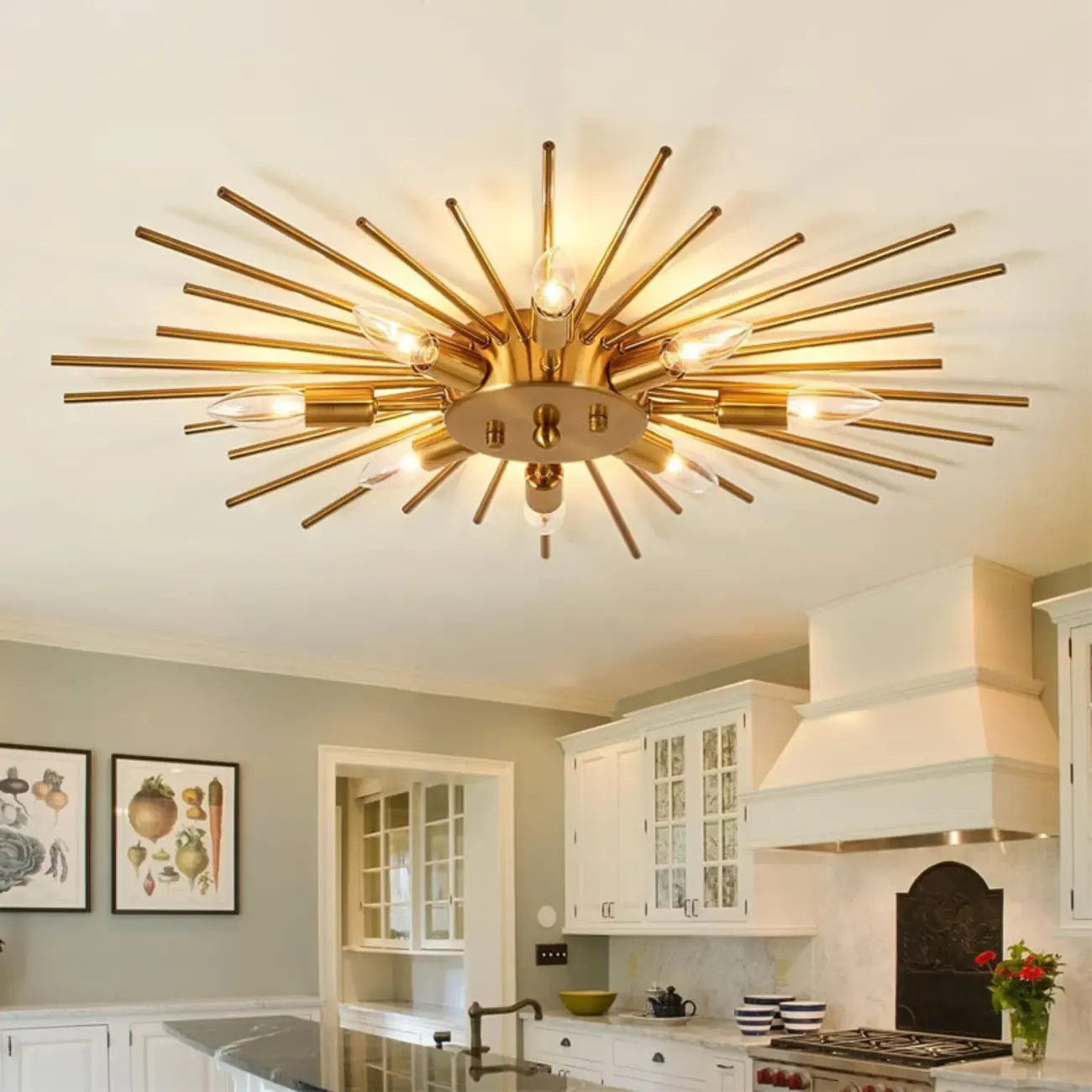 Grand Gold Metal Sputnik Semi Flush Mount Ceiling Light Image - 1