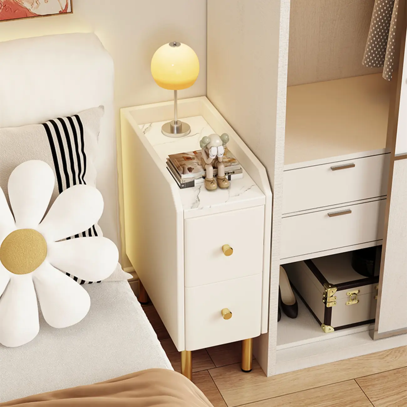 Trendy Narrow Stone Countertop 2 Tiers Drawer Nightstand Image - 1 | homeyfad