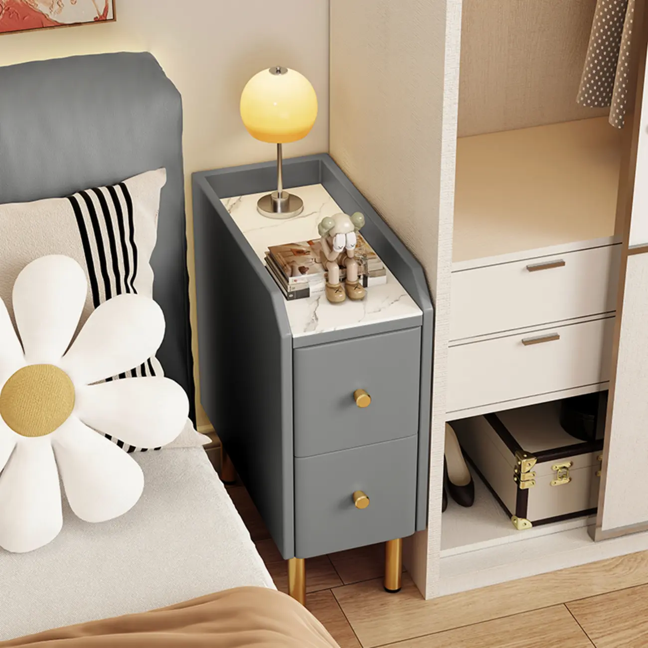 Trendy Narrow Stone Countertop 2 Tiers Drawer Nightstand Image - 2 | homeyfad