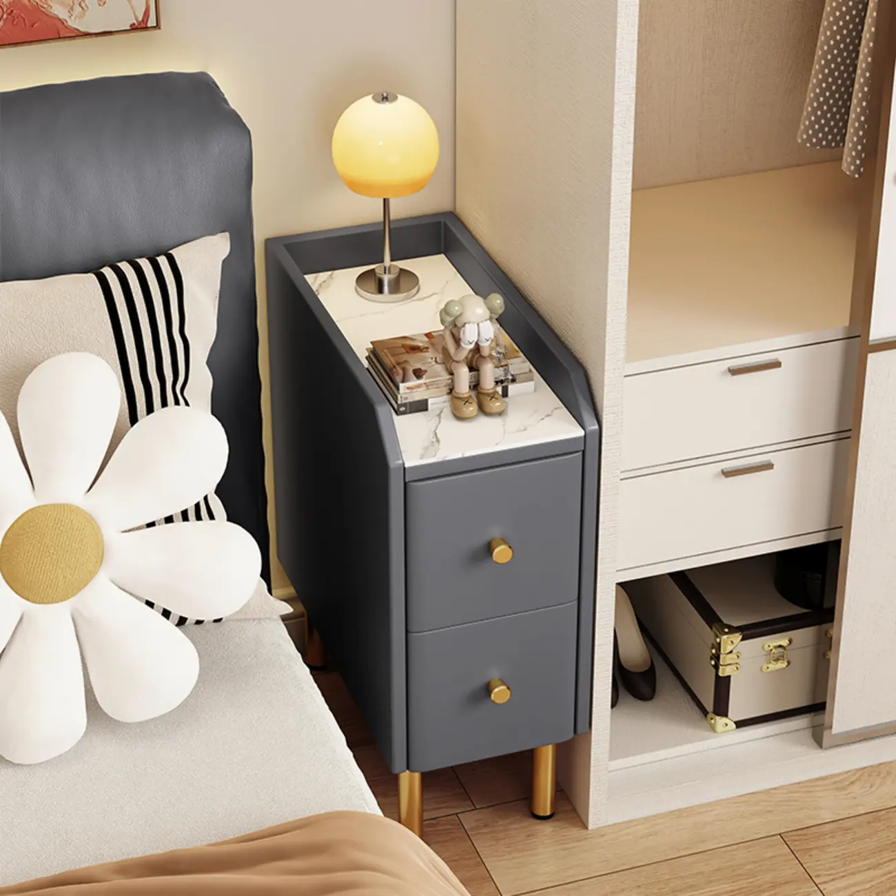 Trendy Narrow Stone Countertop 2 Tiers Drawer Nightstand Image - 3 | homeyfad