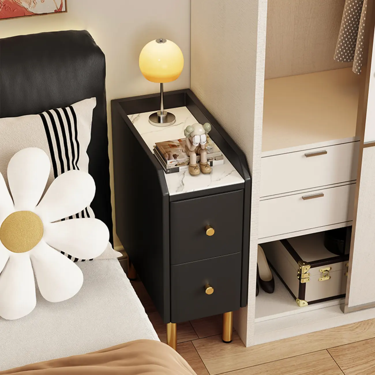 Trendy Narrow Stone Countertop 2 Tiers Drawer Nightstand Image - 5 | homeyfad