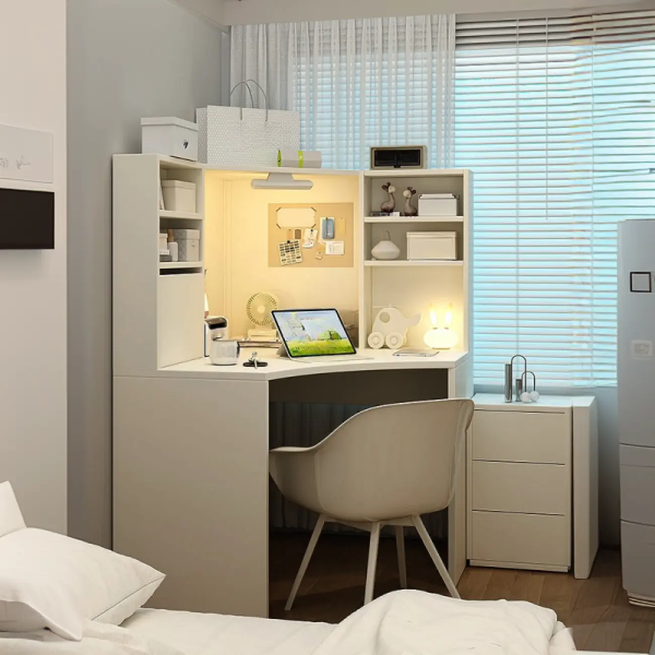 Compact White Wooden Corner Desk with Hutch Image - 2 | homeyfad