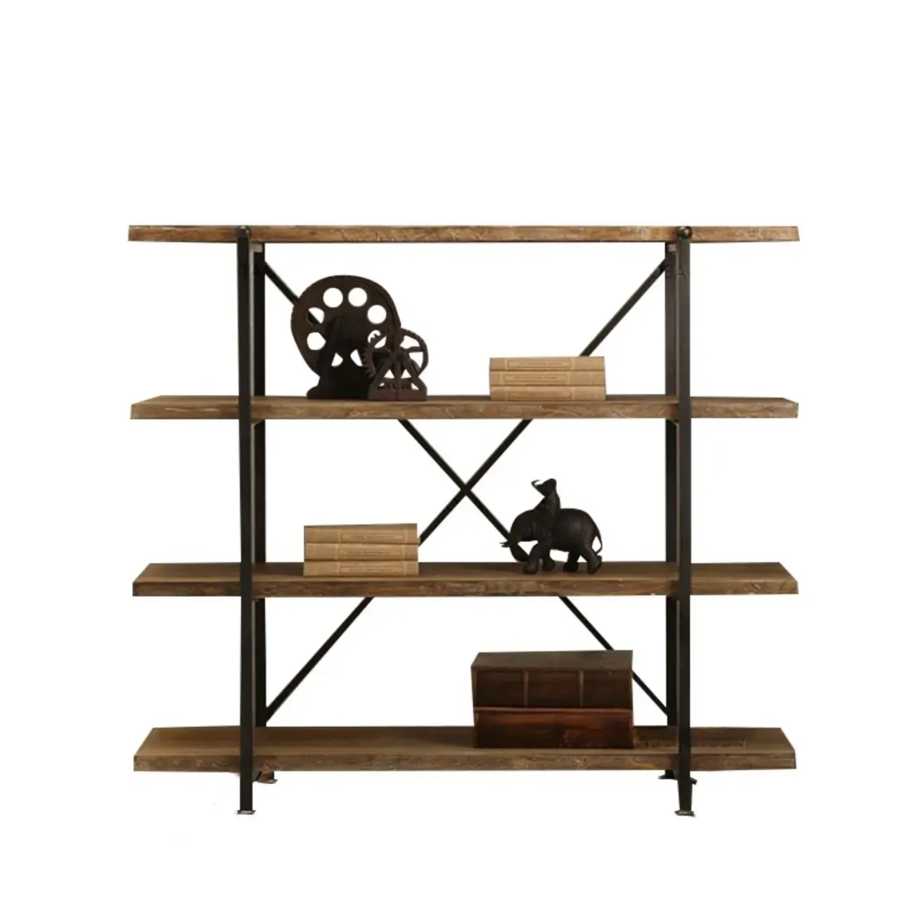 4-Tier Industrial Wooden Rectangle Open Back Bookcase Image - 6