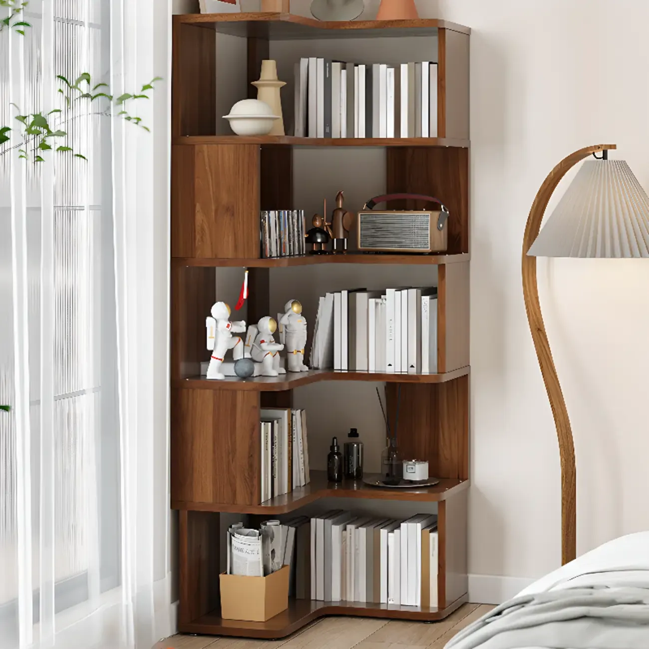 6-Tier L-Shaped Wood Nut-Brown Open Corner Bookcase Image - 2