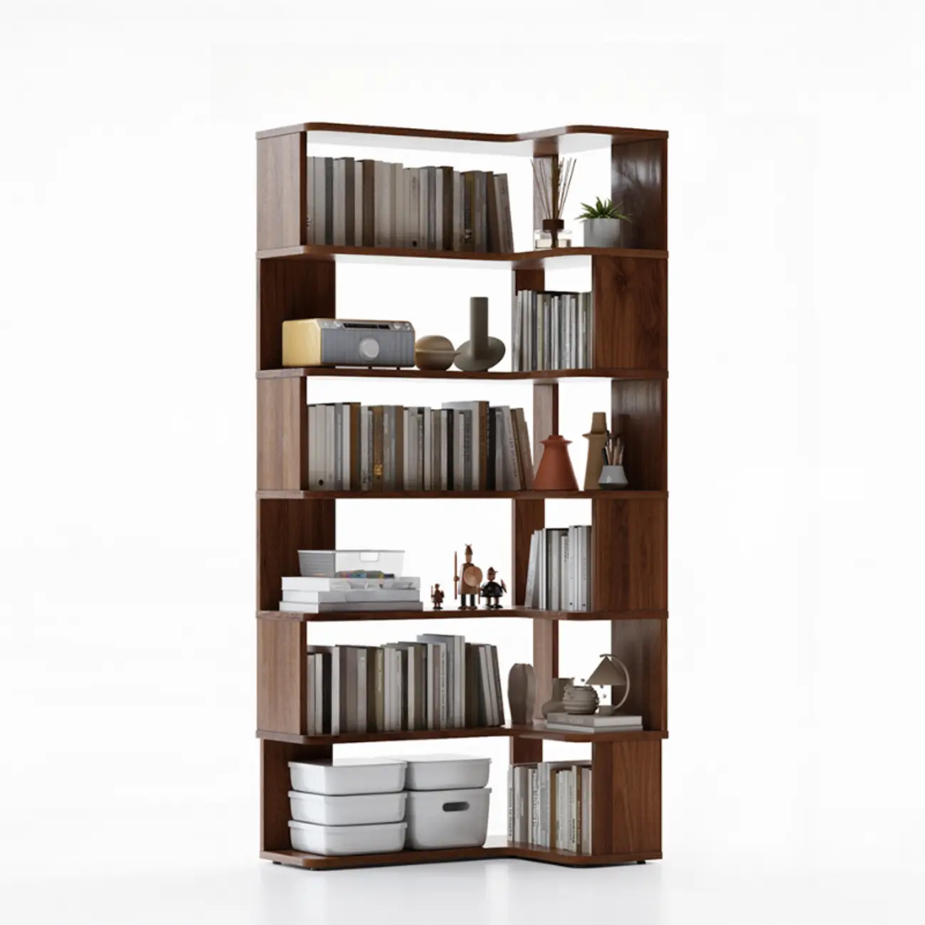 6-Tier L-Shaped Wood Nut-Brown Open Corner Bookcase Image - 3 | homeyfad