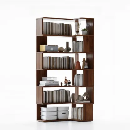 6-Tier L-Shaped Wood Nut-Brown Open Corner Bookcase Image - 3