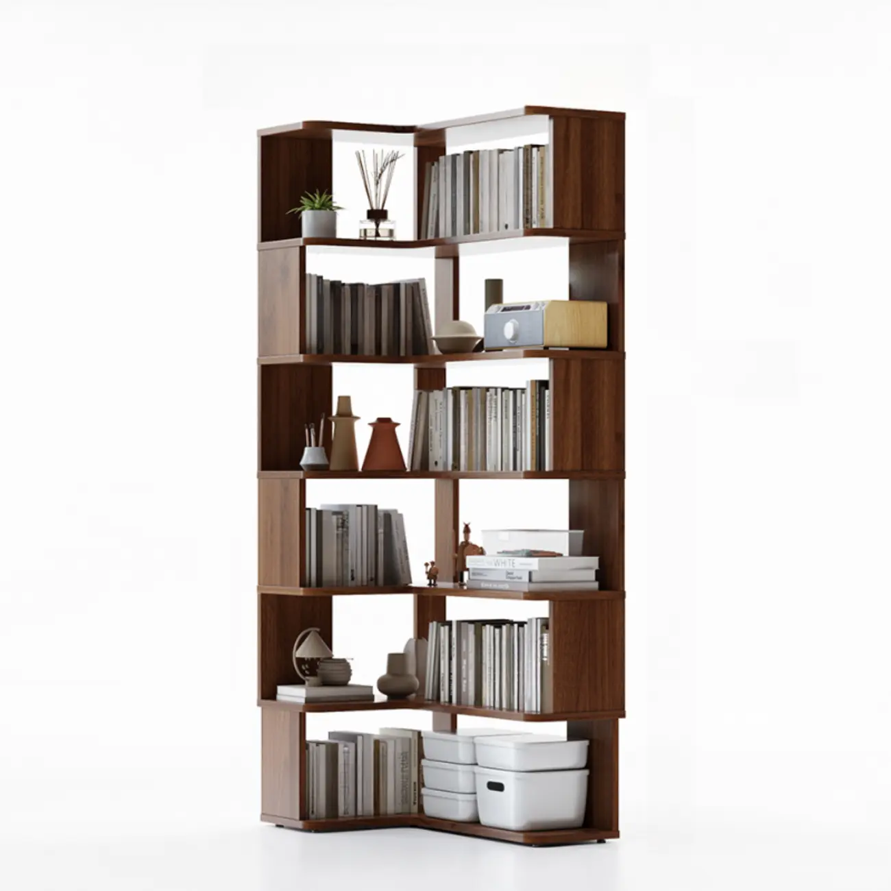 6-Tier L-Shaped Wood Nut-Brown Open Corner Bookcase Image - 4 | homeyfad