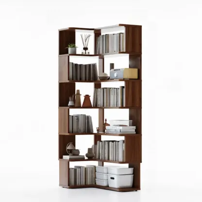 6-Tier L-Shaped Wood Nut-Brown Open Corner Bookcase Image - 4