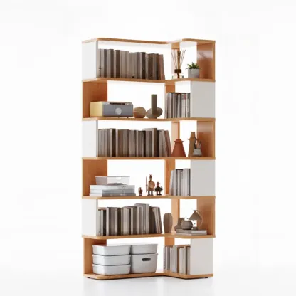 6-Tier L-Shaped Wood Nut-Brown Open Corner Bookcase Image - 5