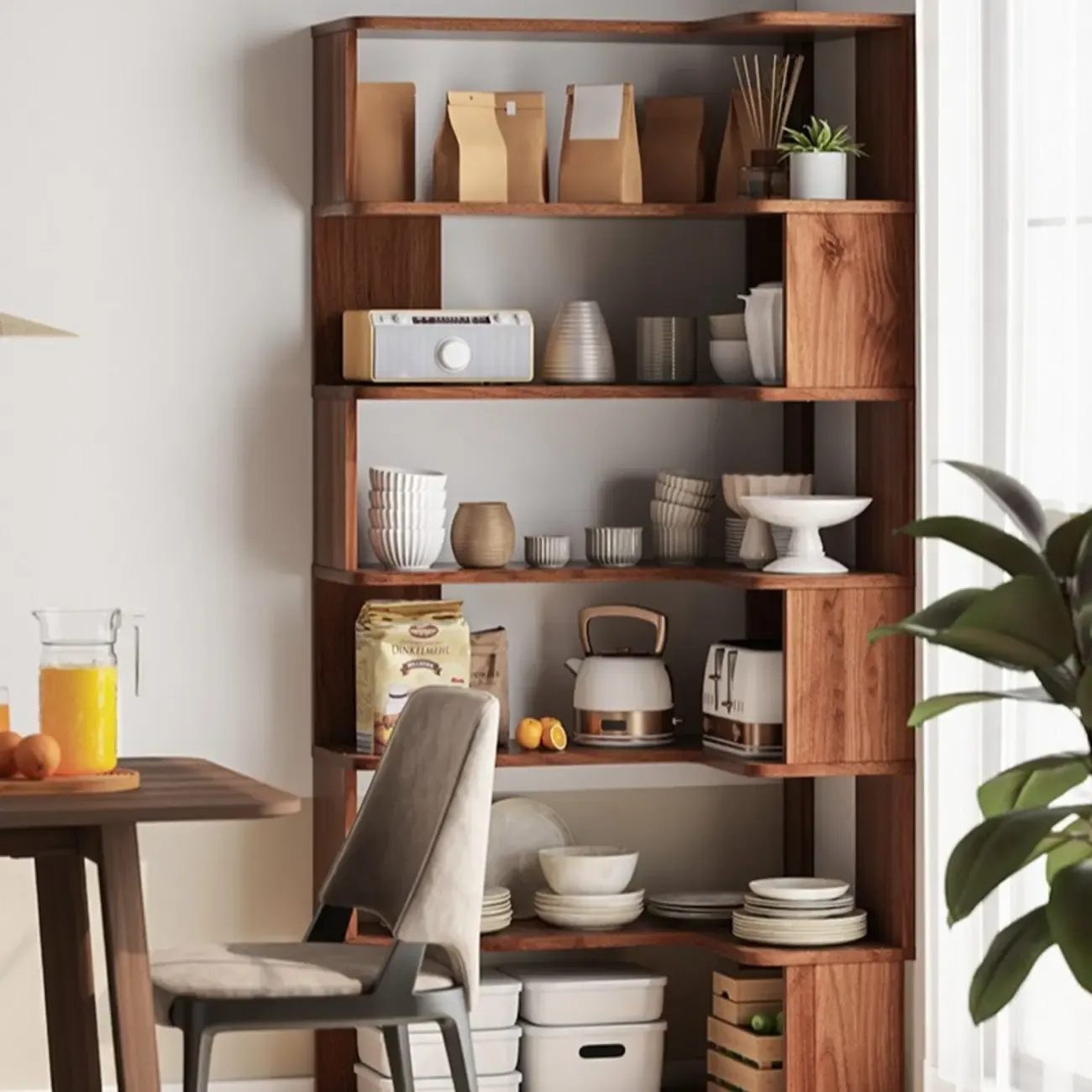 6-Tier L-Shaped Wood Nut-Brown Open Corner Bookcase Image - 6