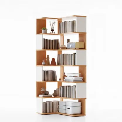 6-Tier L-Shaped Wood Nut-Brown Open Corner Bookcase Image - 7