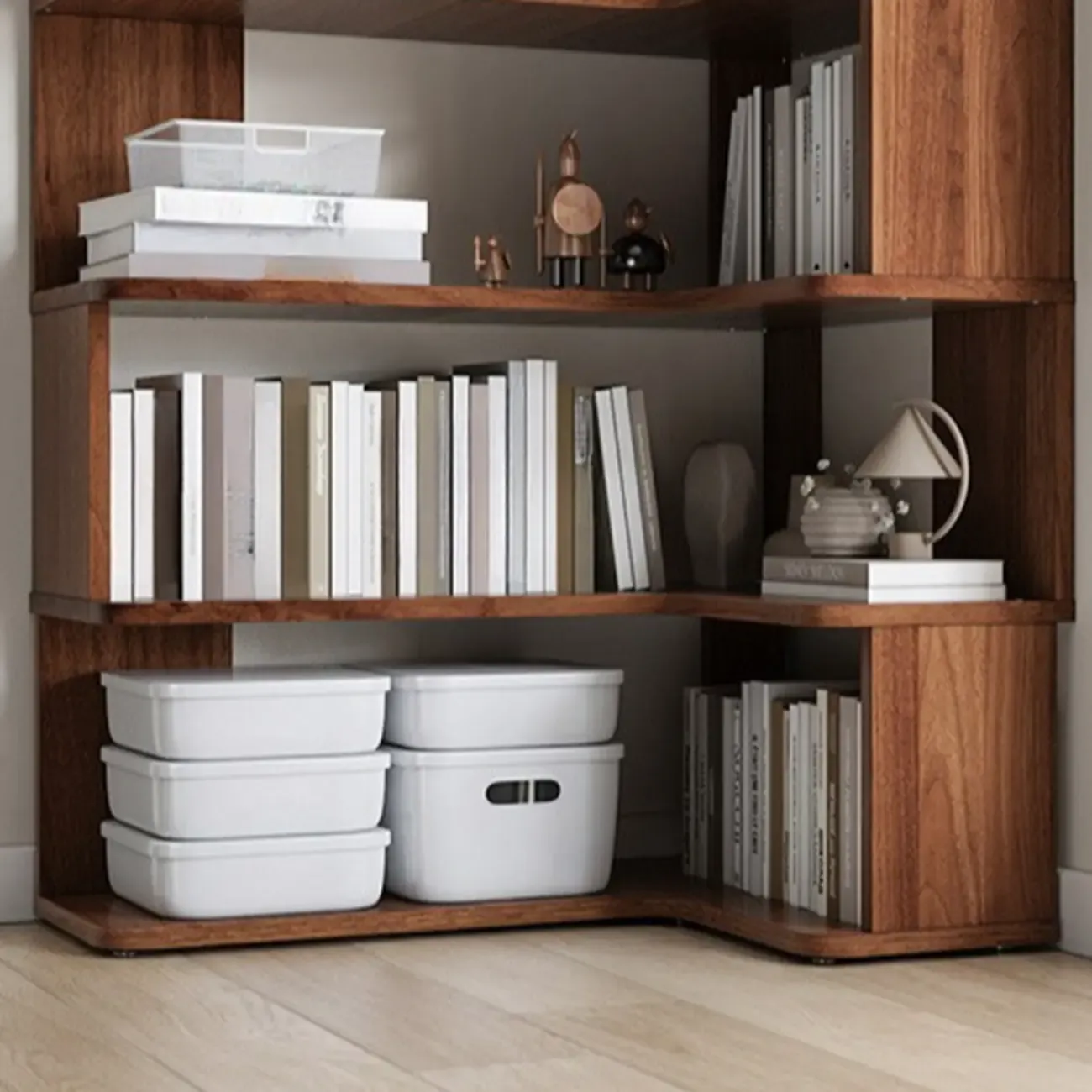 6-Tier L-Shaped Wood Nut-Brown Open Corner Bookcase Image - 8