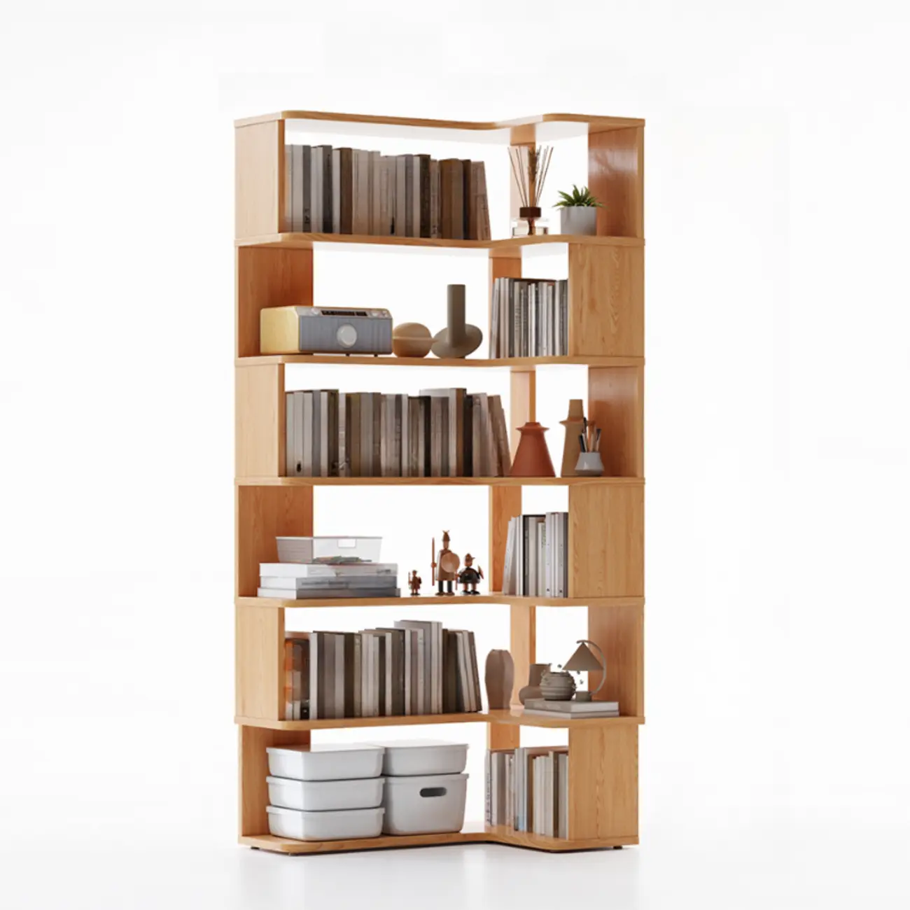 6-Tier L-Shaped Wood Nut-Brown Open Corner Bookcase Image - 10 | homeyfad