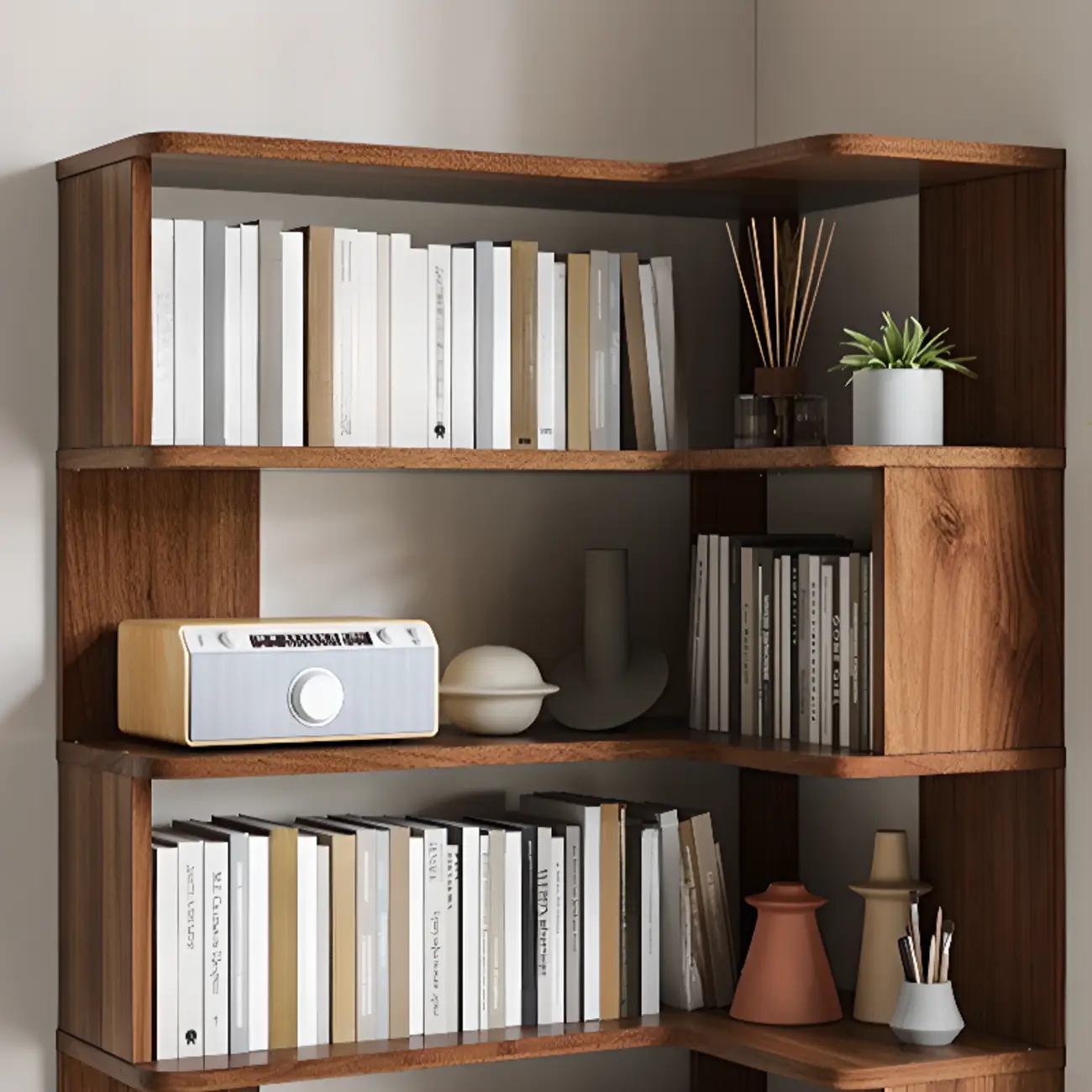 6-Tier L-Shaped Wood Nut-Brown Open Corner Bookcase Image - 11 | homeyfad