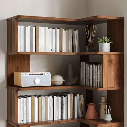 6-Tier L-Shaped Wood Nut-Brown Open Corner Bookcase Image - 11