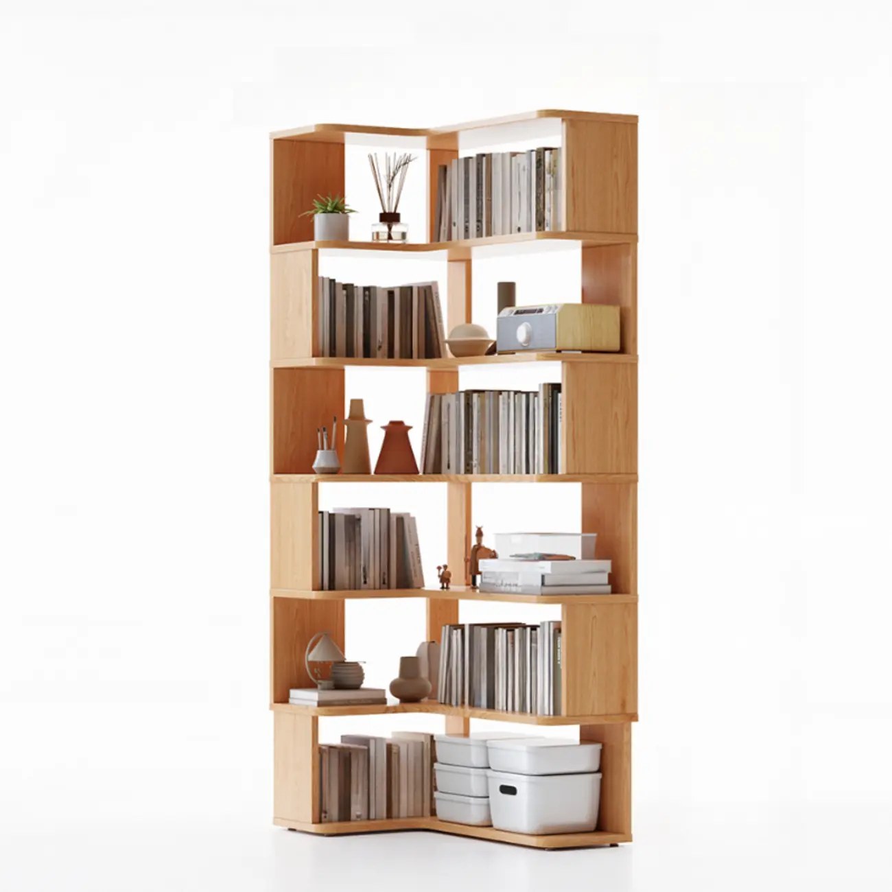 6-Tier L-Shaped Wood Nut-Brown Open Corner Bookcase Image - 12 | homeyfad