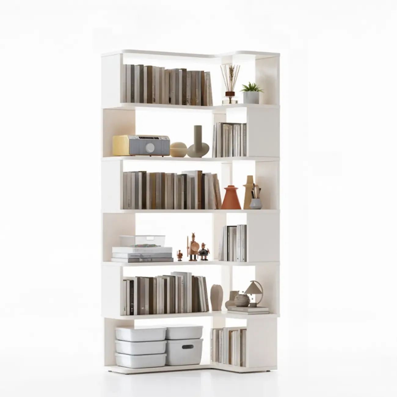 6-Tier L-Shaped Wood Nut-Brown Open Corner Bookcase Image - 14