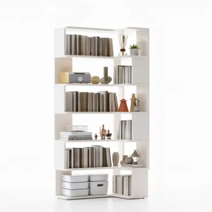 6-Tier L-Shaped Wood Nut-Brown Open Corner Bookcase Image - 14