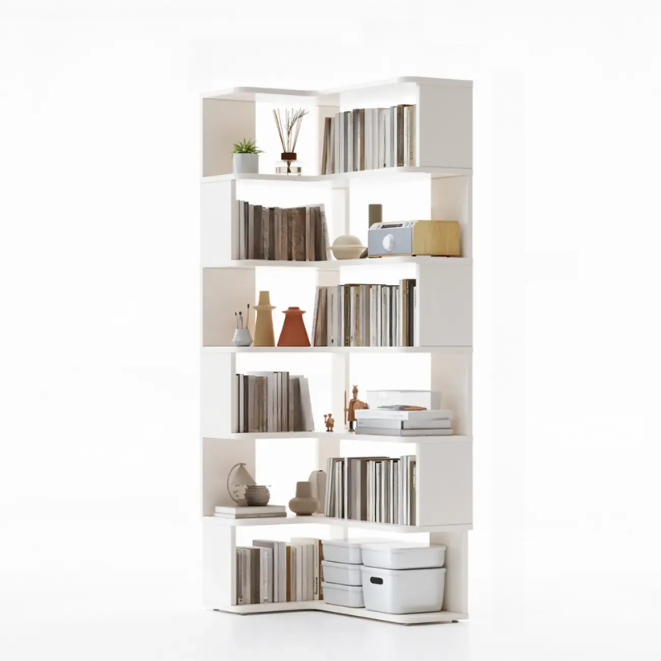 6-Tier L-Shaped Wood Nut-Brown Open Corner Bookcase Image - 16