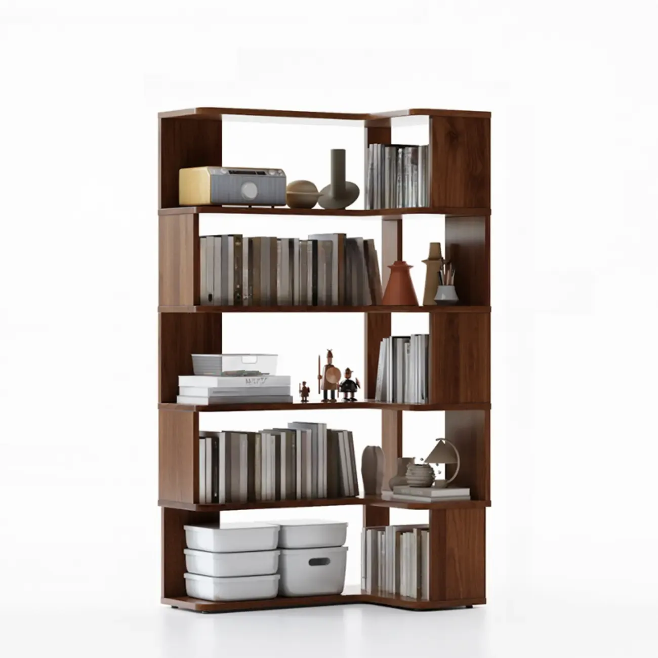 6-Tier L-Shaped Wood Nut-Brown Open Corner Bookcase Image - 18