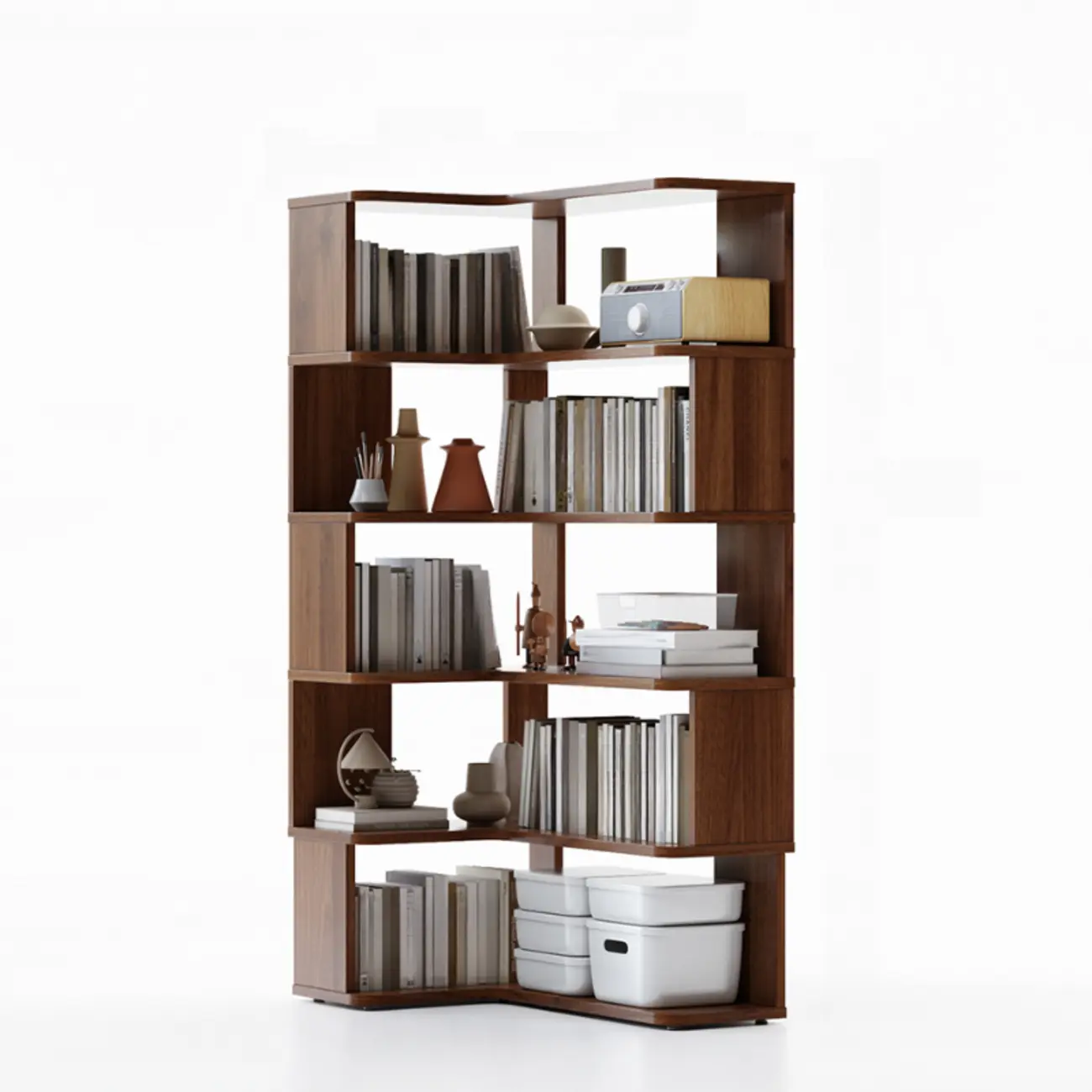 6-Tier L-Shaped Wood Nut-Brown Open Corner Bookcase Image - 19 | homeyfad
