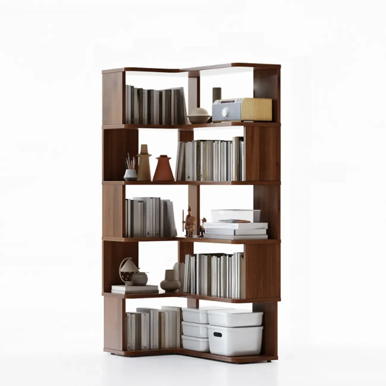 6-Tier L-Shaped Wood Nut-Brown Open Corner Bookcase Image - 19