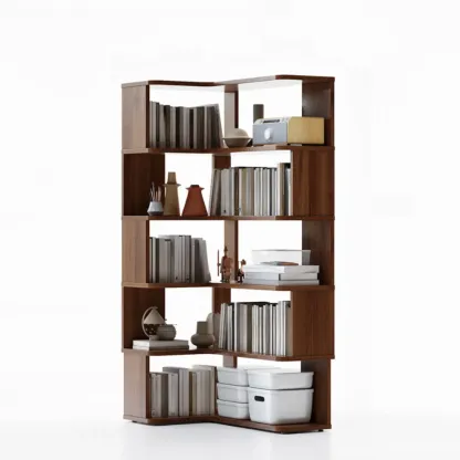 6-Tier L-Shaped Wood Nut-Brown Open Corner Bookcase Image - 19
