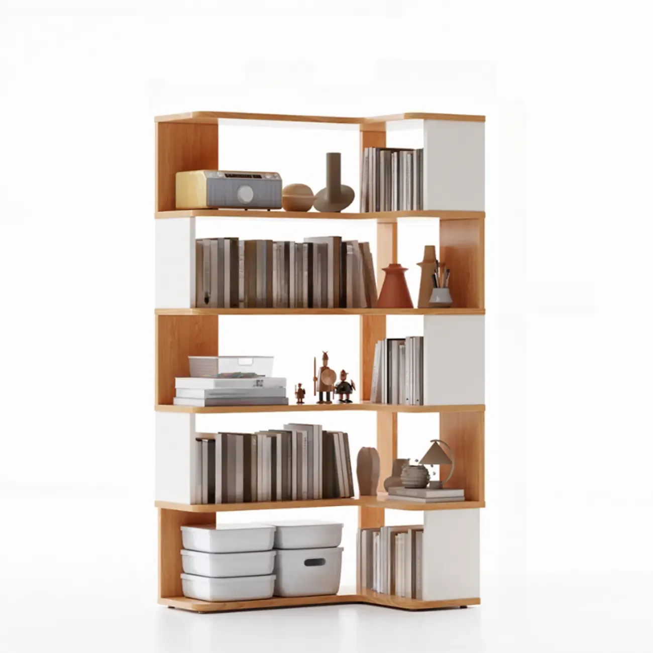 6-Tier L-Shaped Wood Nut-Brown Open Corner Bookcase Image - 20