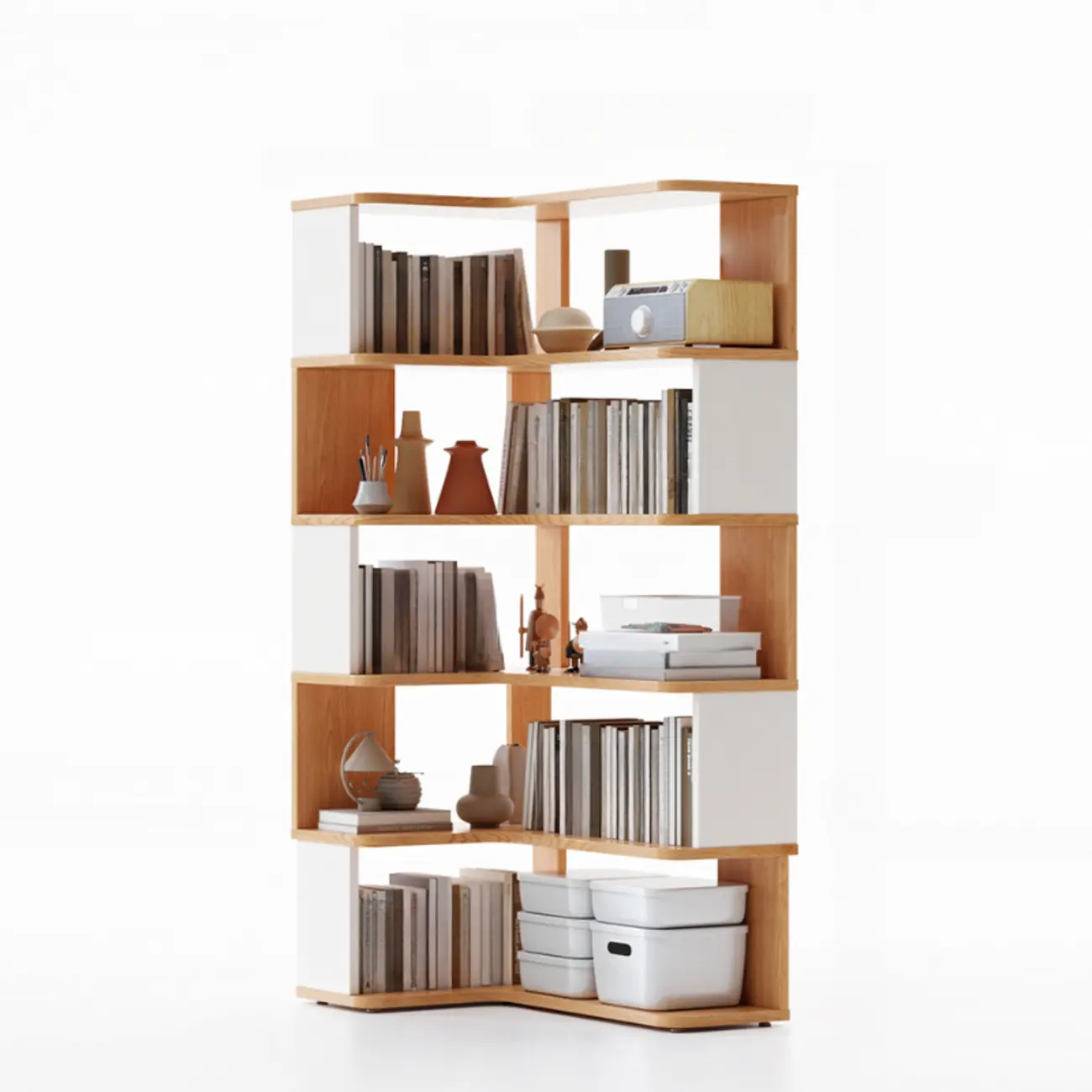 6-Tier L-Shaped Wood Nut-Brown Open Corner Bookcase Image - 21 | homeyfad