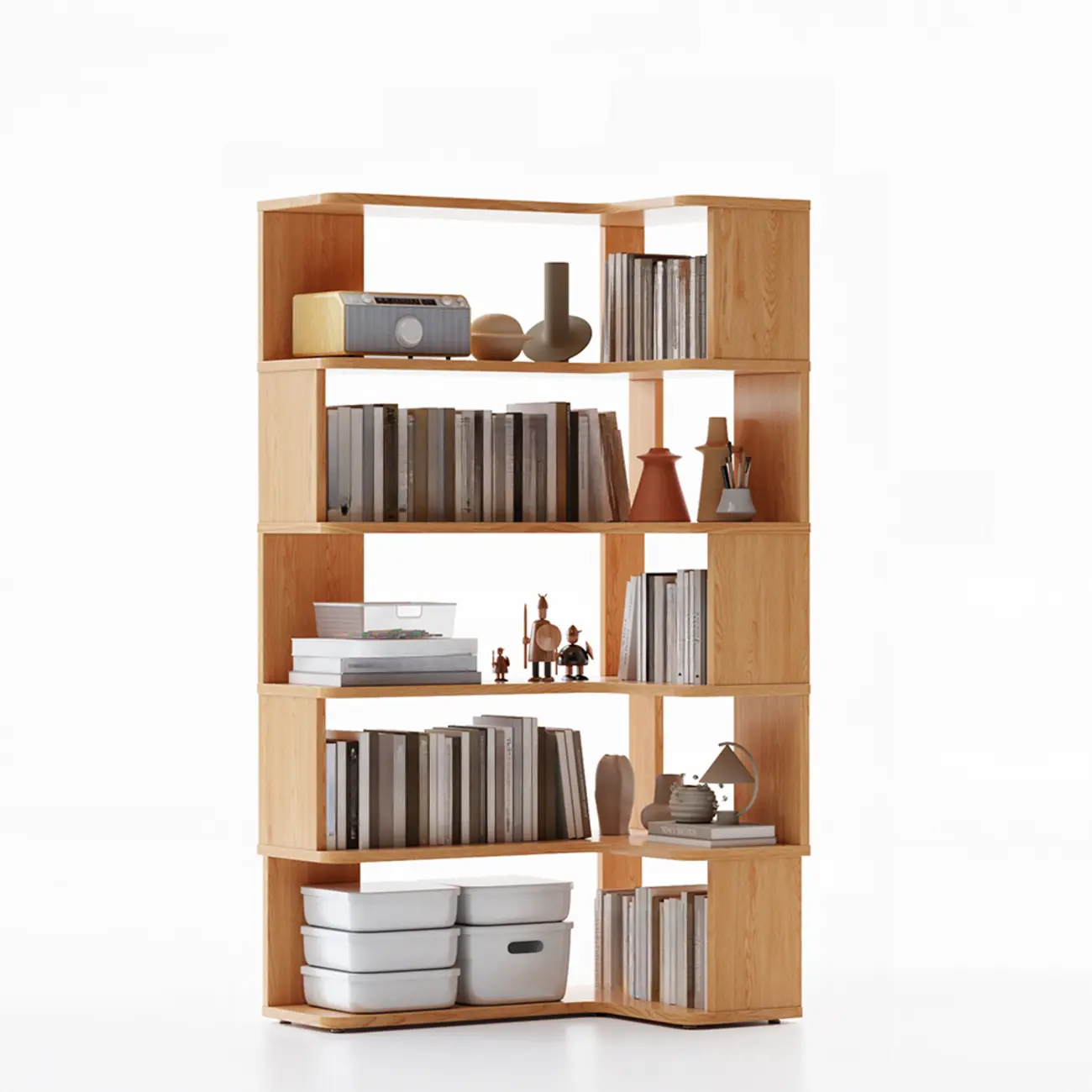 6-Tier L-Shaped Wood Nut-Brown Open Corner Bookcase Image - 22 | homeyfad