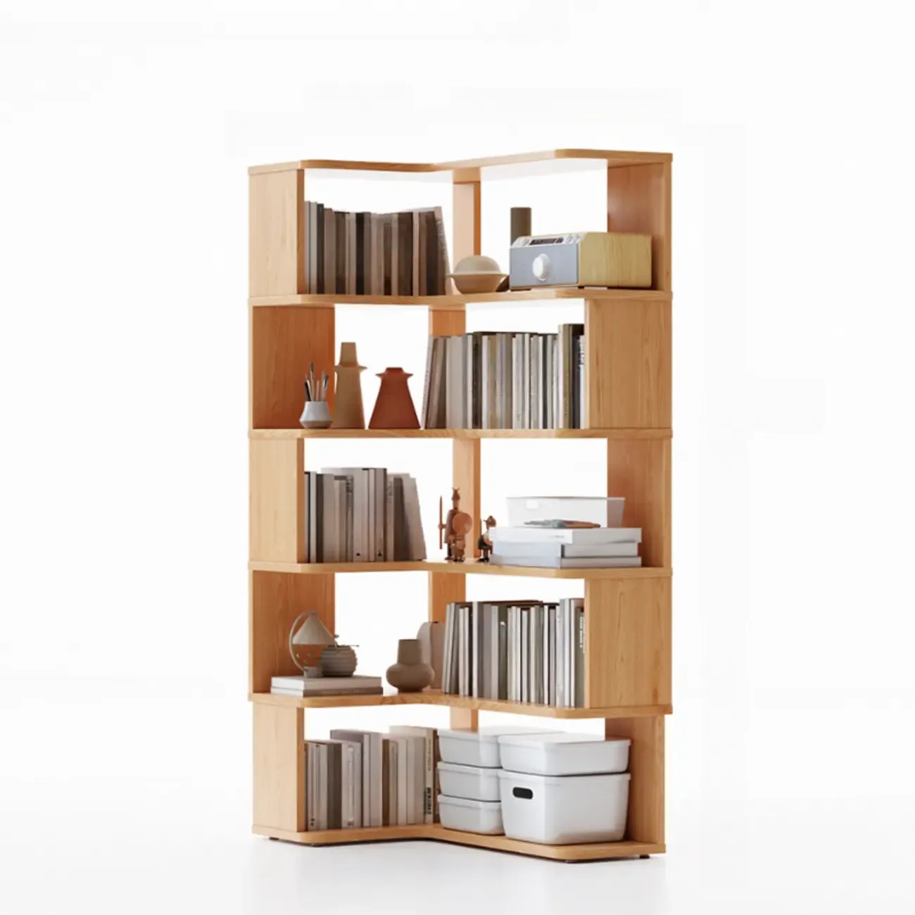 6-Tier L-Shaped Wood Nut-Brown Open Corner Bookcase Image - 23