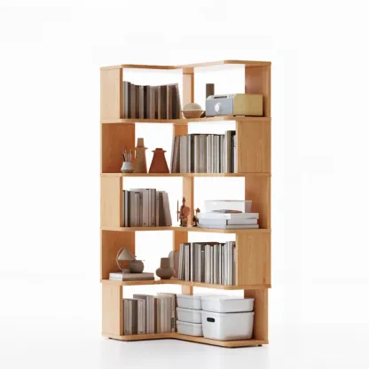 6-Tier L-Shaped Wood Nut-Brown Open Corner Bookcase Image - 23