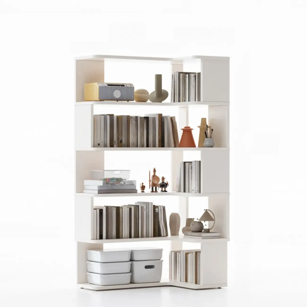 6-Tier L-Shaped Wood Nut-Brown Open Corner Bookcase Image - 24