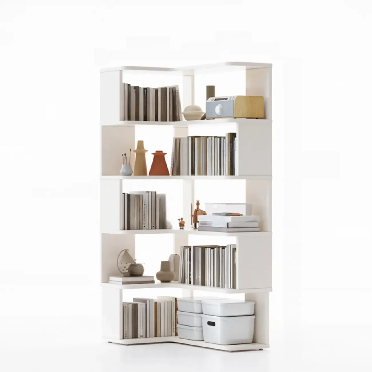 6-Tier L-Shaped Wood Nut-Brown Open Corner Bookcase Image - 25