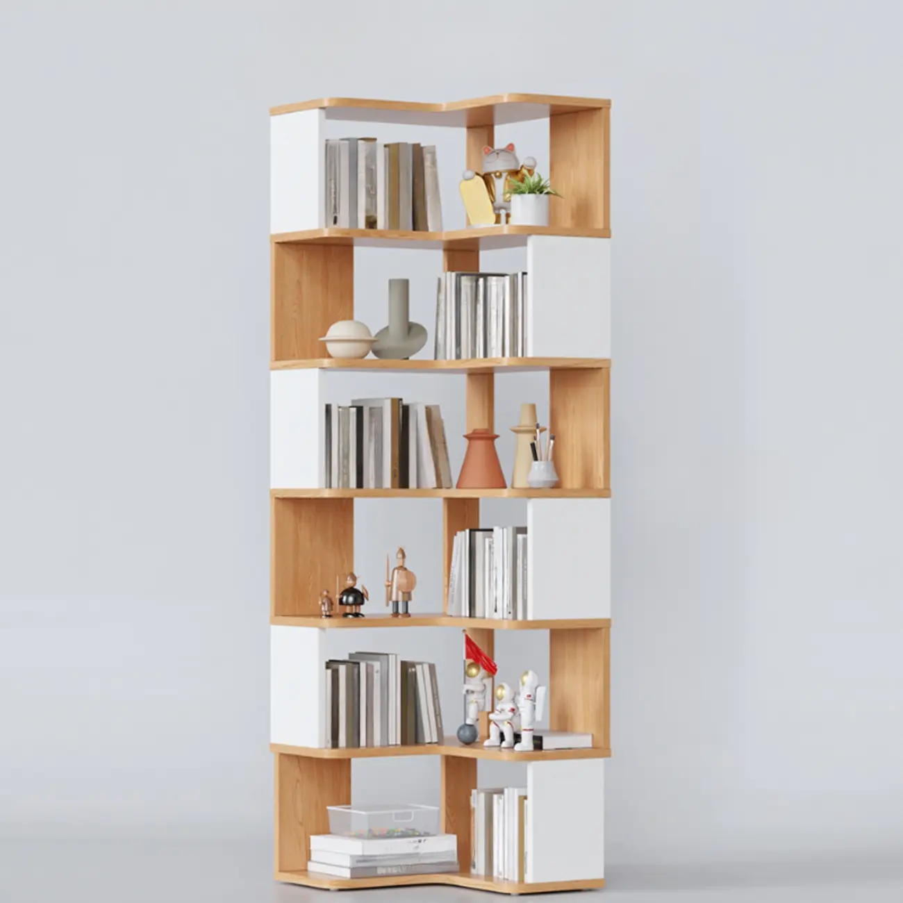 6-Tier L-Shaped Wood Nut-Brown Open Corner Bookcase Image - 26 | homeyfad