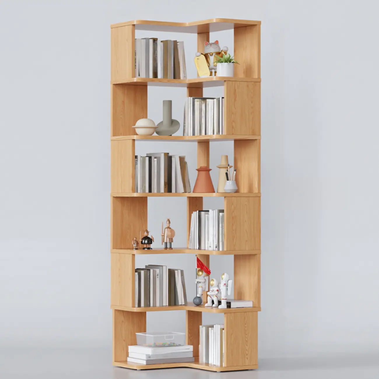 6-Tier L-Shaped Wood Nut-Brown Open Corner Bookcase Image - 27 | homeyfad