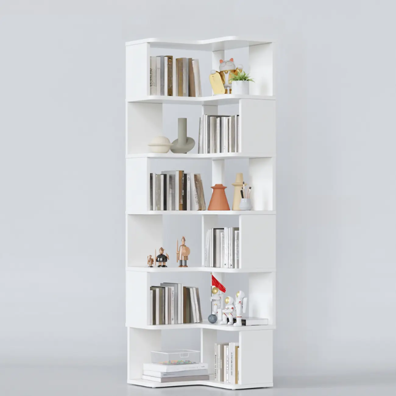 6-Tier L-Shaped Wood Nut-Brown Open Corner Bookcase Image - 28 | homeyfad