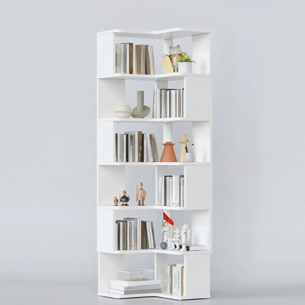 6-Tier L-Shaped Wood Nut-Brown Open Corner Bookcase Image - 28