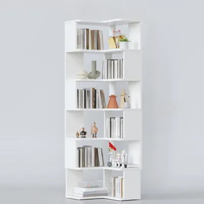 6-Tier L-Shaped Wood Nut-Brown Open Corner Bookcase Image - 28