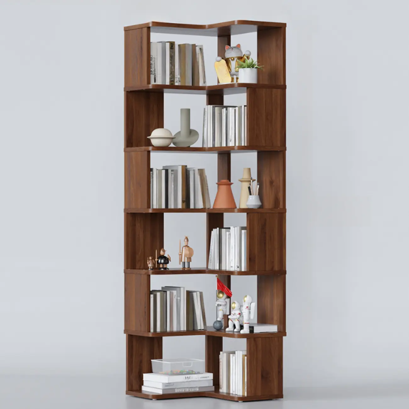 6-Tier L-Shaped Wood Nut-Brown Open Corner Bookcase Image - 29 | homeyfad