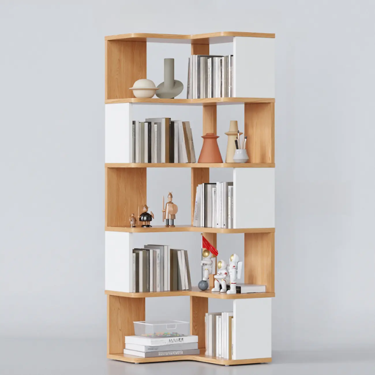 6-Tier L-Shaped Wood Nut-Brown Open Corner Bookcase Image - 30 | homeyfad