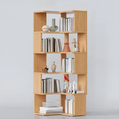6-Tier L-Shaped Wood Nut-Brown Open Corner Bookcase Image - 31