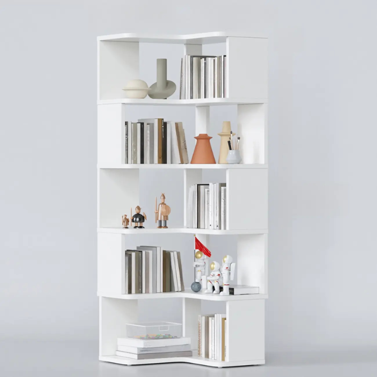 6-Tier L-Shaped Wood Nut-Brown Open Corner Bookcase Image - 32 | homeyfad