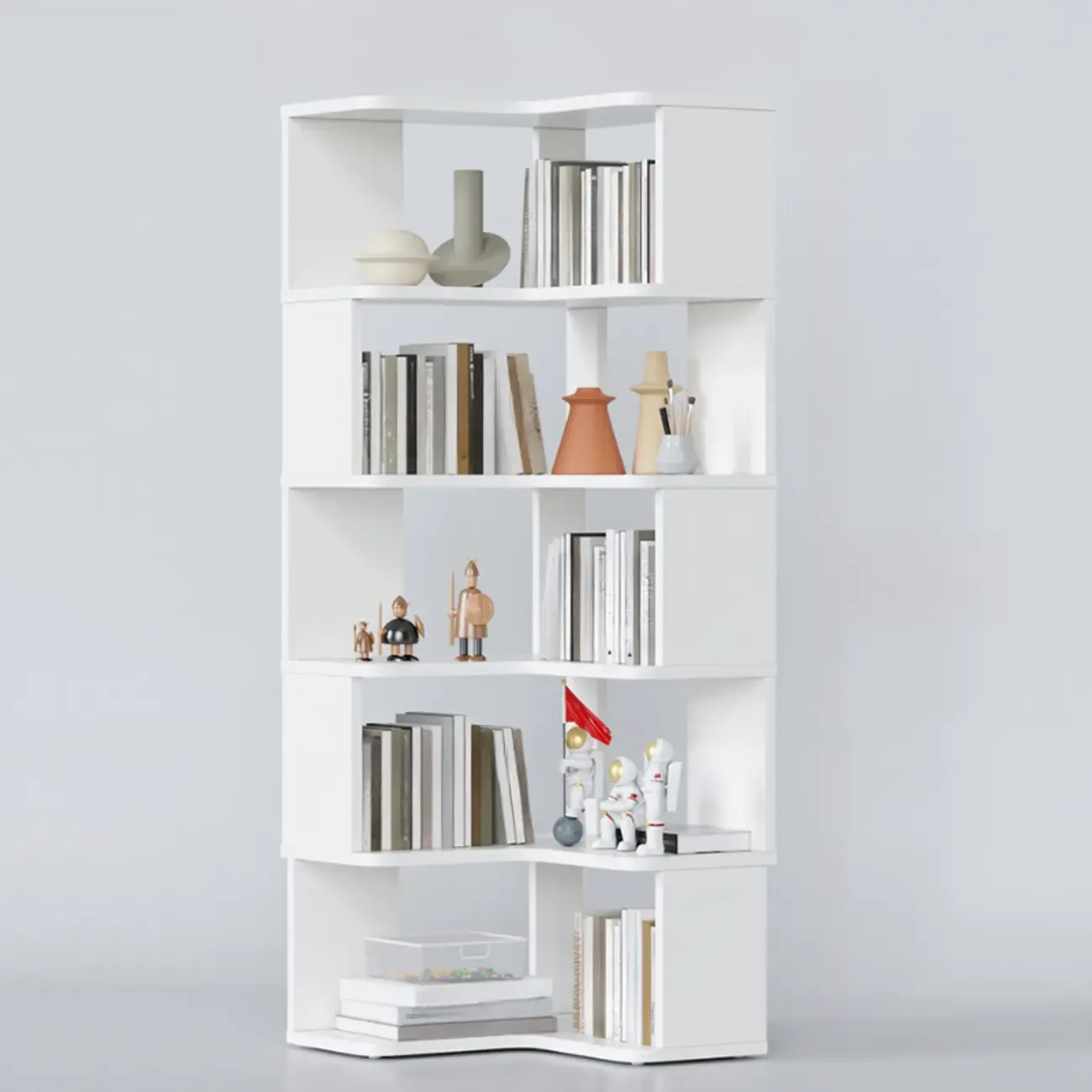 6-Tier L-Shaped Wood Nut-Brown Open Corner Bookcase Image - 32