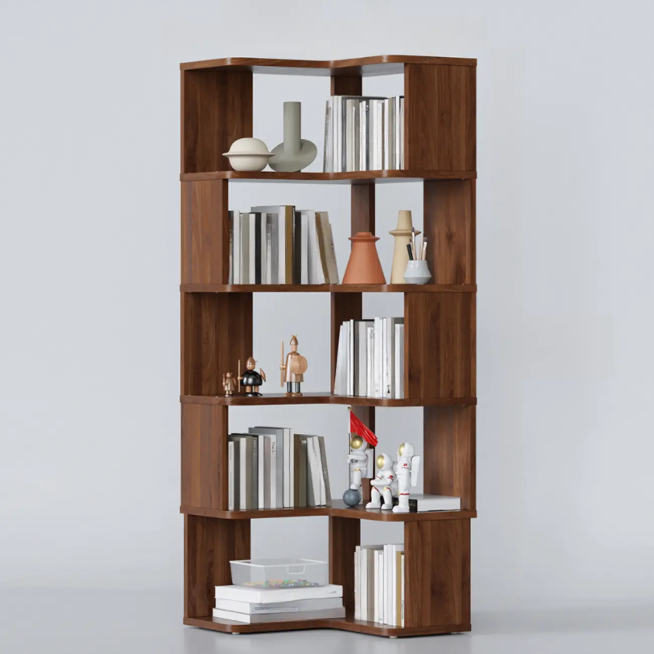 6-Tier L-Shaped Wood Nut-Brown Open Corner Bookcase Image - 33 | homeyfad
